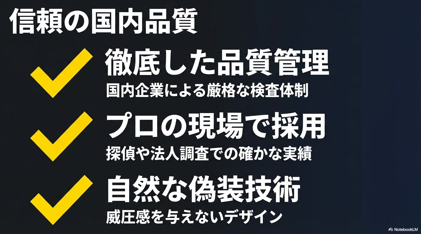 徹底した品質管理のもとプロの現場で採用され、自然な偽装技術を持つスパイダーズXの国内品質に関する説明