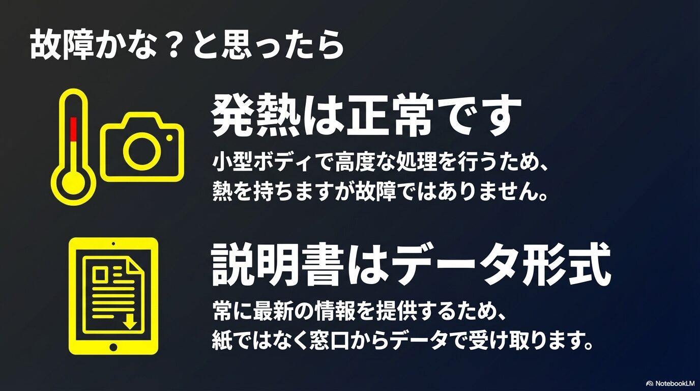 小型ボディゆえの発熱は正常であることと、常に最新の情報を提供するために説明書がデータ形式であることの解説