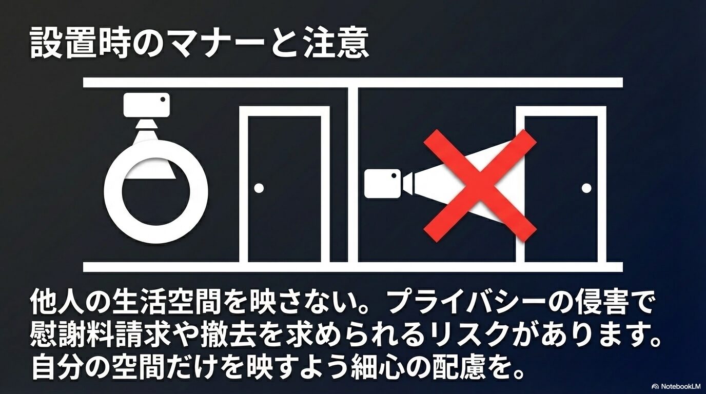 他人の生活空間を映さず自分の空間だけを映すように配慮するカメラ設置時のマナーのイラスト
