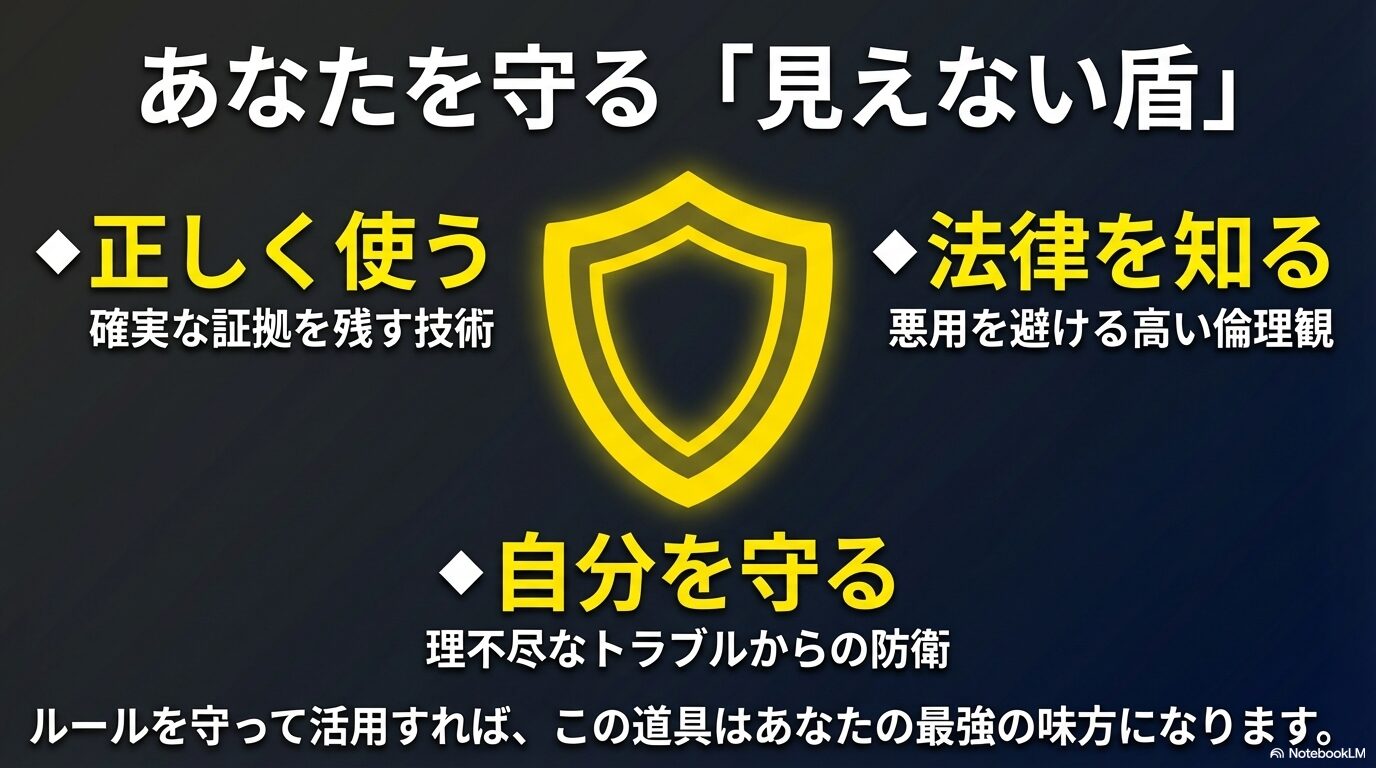 確実な証拠を残すために正しく使い、高い倫理観で法律を知り、理不尽なトラブルから自分を守るというスパイダーズXのまとめ