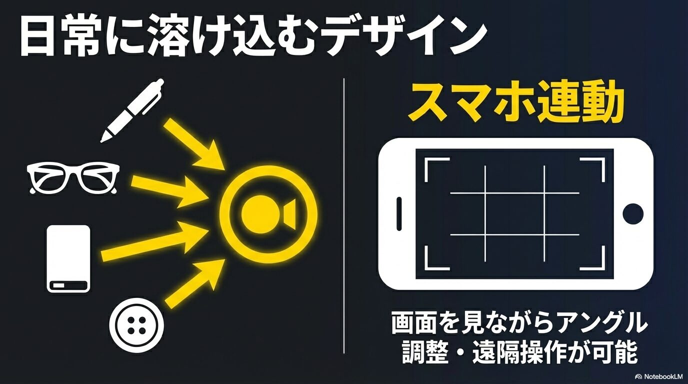 日常に溶け込むデザインで、スマートフォンの画面を見ながらアングル調整や遠隔操作ができるスマホ連動機能の解説