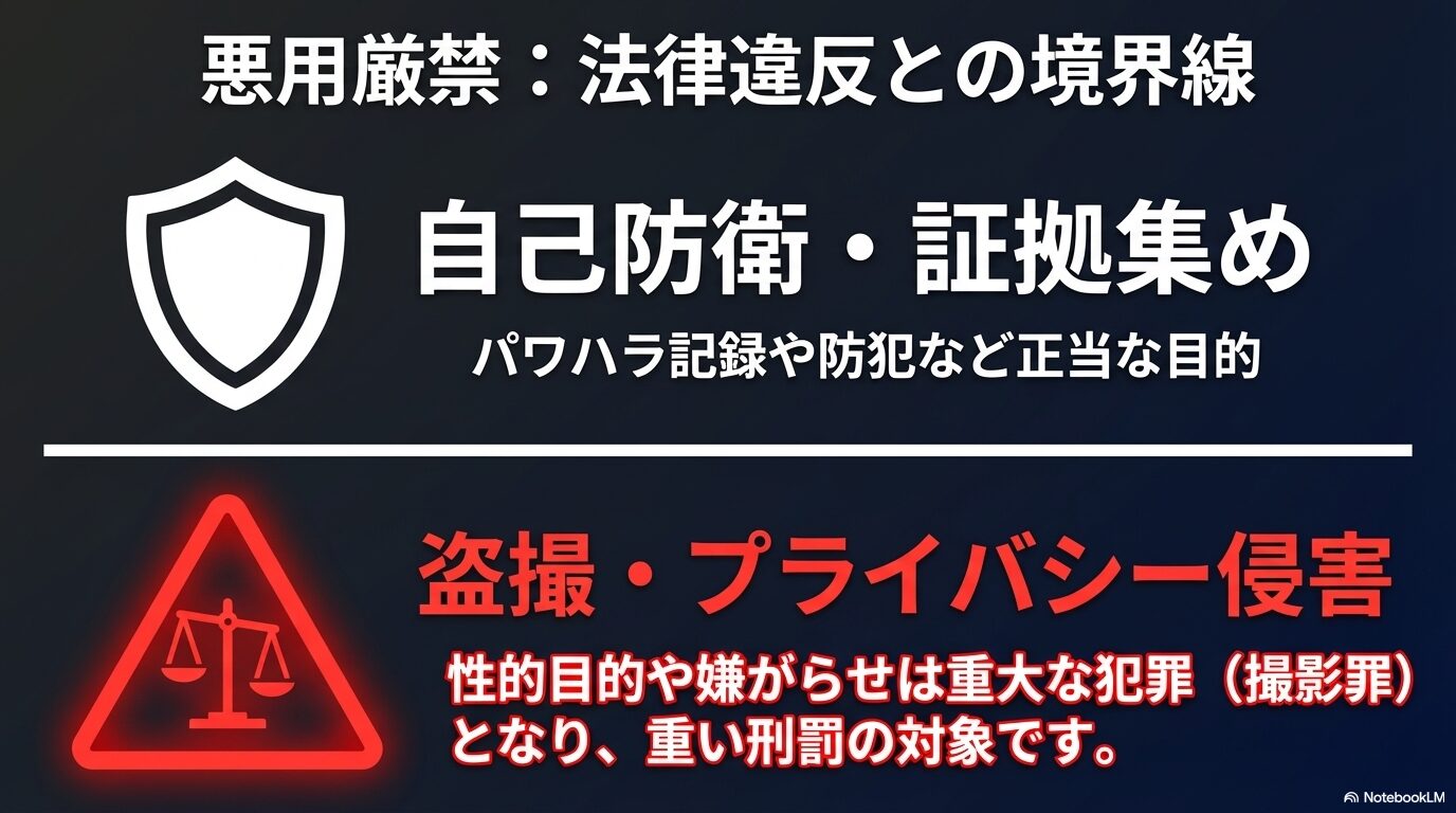 自己防衛や証拠集めは正当な目的だが、性的目的などの盗撮やプライバシー侵害は重大な犯罪になるという法律違反との境界線の注意喚起