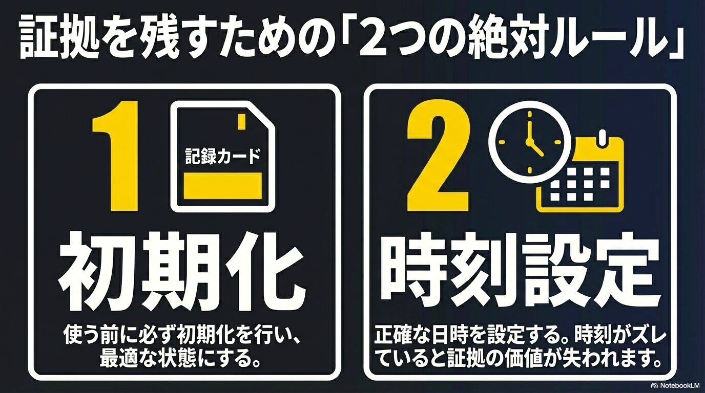 証拠を残すために必須となる記録カードの初期化と、正確な日時を合わせる時刻設定の2つの絶対ルールの説明
